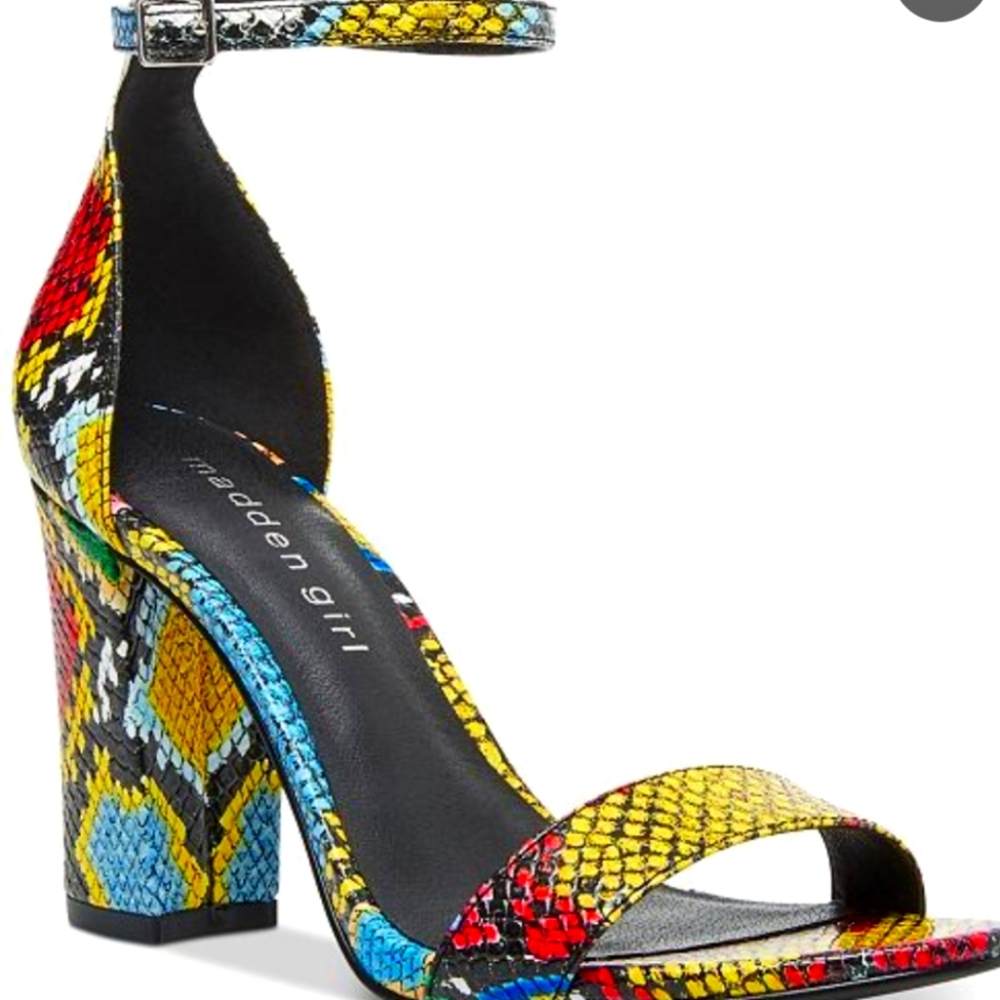 Brand new multi color snakeskin block heel sandal/shoe